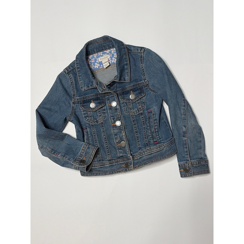 Monsoon Girls Denim Trucker Jacket Medium Wash Floral Lining Blue Size 5-6 Yrs